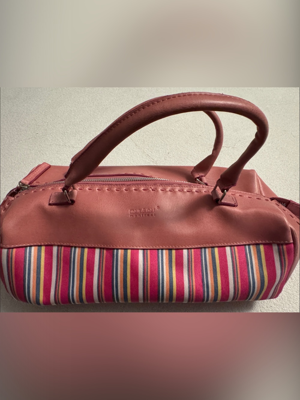 Matt & Nat Dusty Rose Vegan Leather Tote with Multicolor Stripe Base
